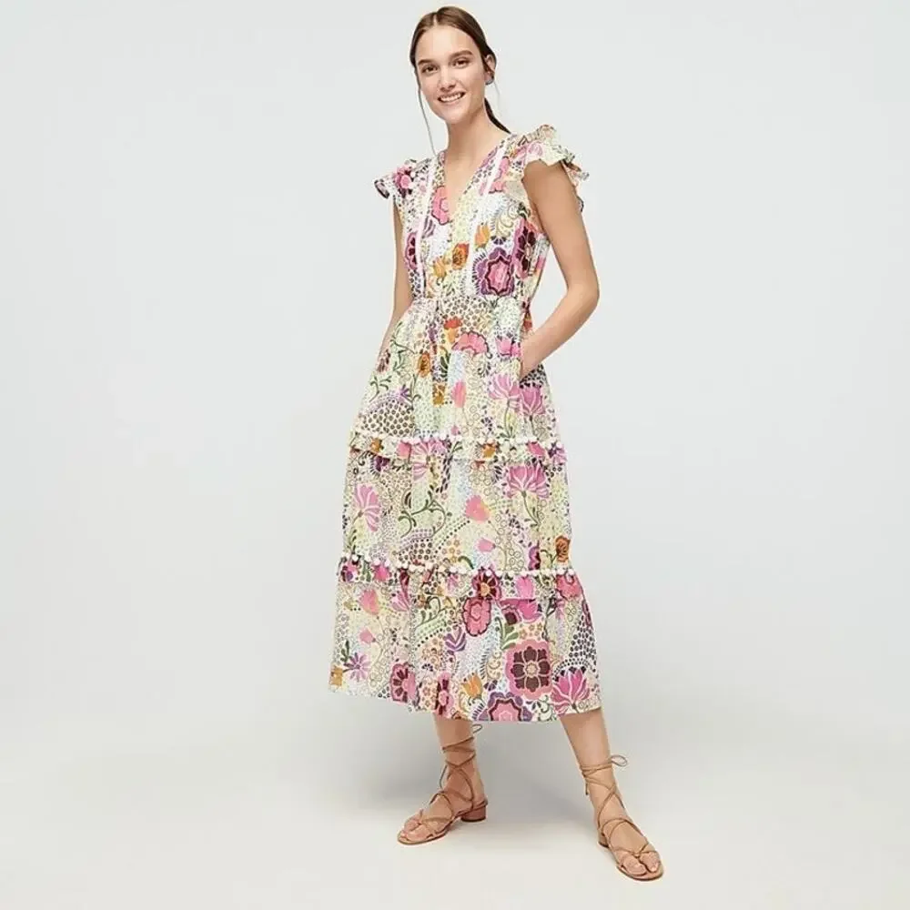 J.Crew Ratti Retro Floral Pom Pom Midi Dress White Size 6 AK624 - Picture 4 of 16